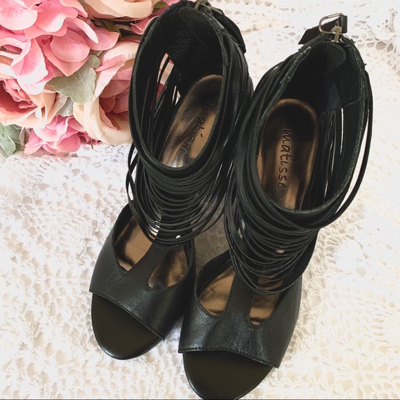 MATISSE SKYLINE SADDLE BLACK LEATHER OPEN TOE  BOOTIE SANDALS - Picture 7 of 13